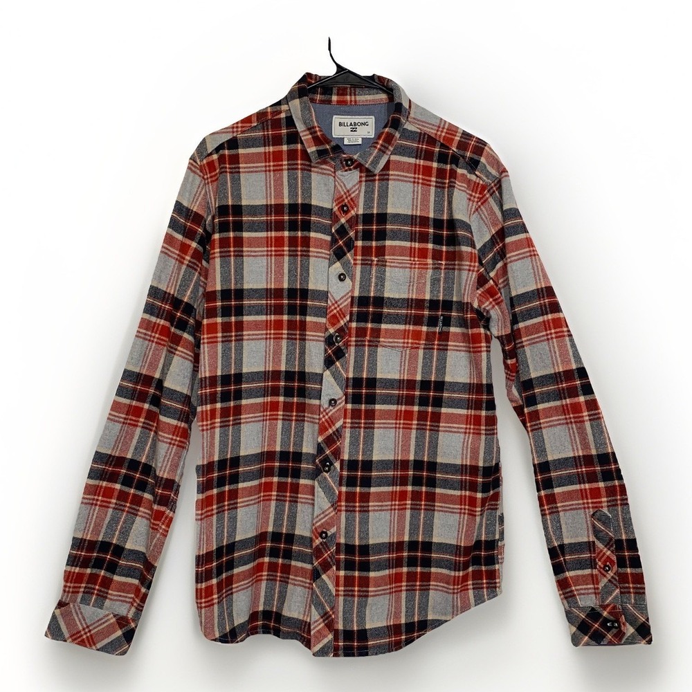 Billabong Flannel Mens Medium Red & Blue Plaid Shirt Pocket Surf Skateboard